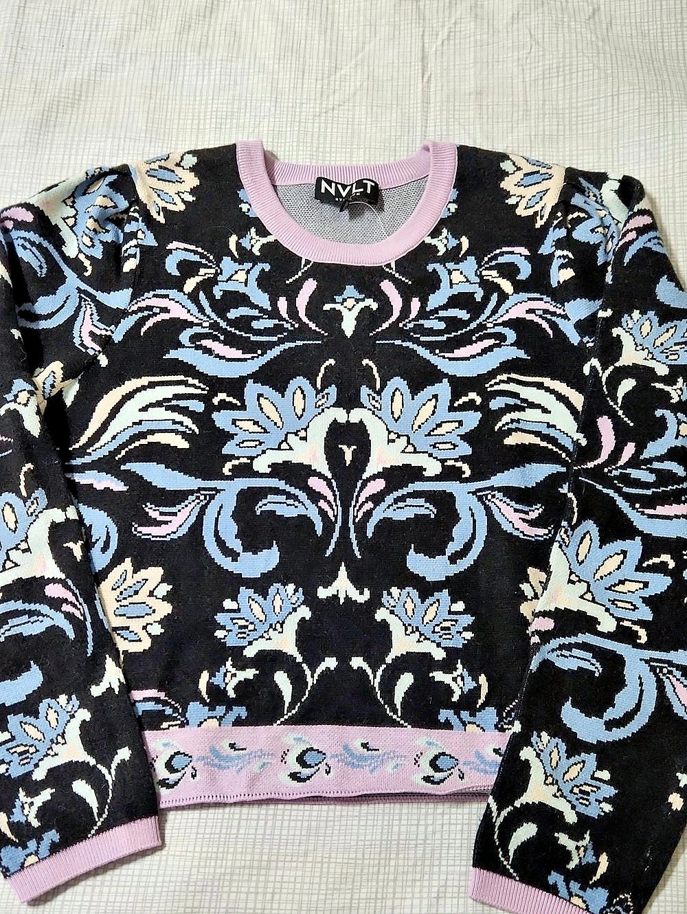 NVLT Floral Crew Neck Sweater in Black & Blue Like New
